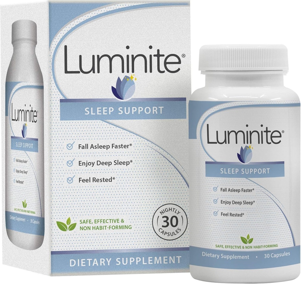 Soporte para dormir Luminite - Suplemento de Ayuda para dormir de noche - L-Tryptophan, Melatonin, Chammomile - Non Habit Forming, 30 Conde