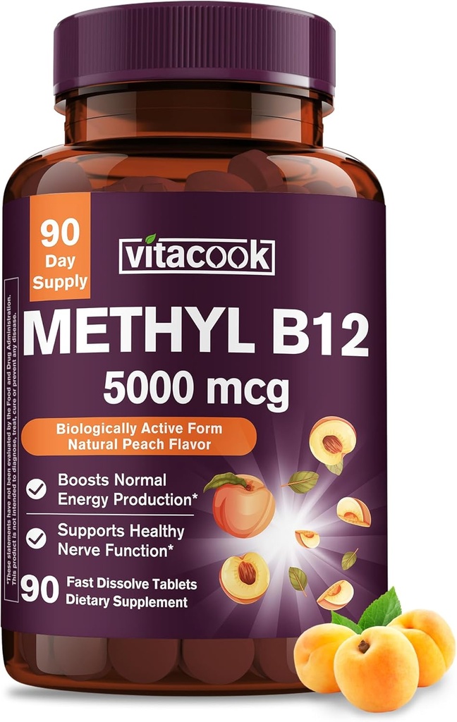 Vitamina B12 Sublingual, Methylcobalamin 5000mcg para la producción de energía, energía, Nerve & Cell Support, Natural Peach Flavor, Vegan, Zero Sugar, 90 Fast Dissolve Tablets