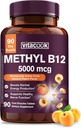 Vitamina B12 Sublingual, Methylcobalamin 5000mcg para la producción de energía, energía, Nerve & Cell Support, Natural Peach Flavor, Vegan, Zero Sugar, 90 Fast Dissolve Tablets
