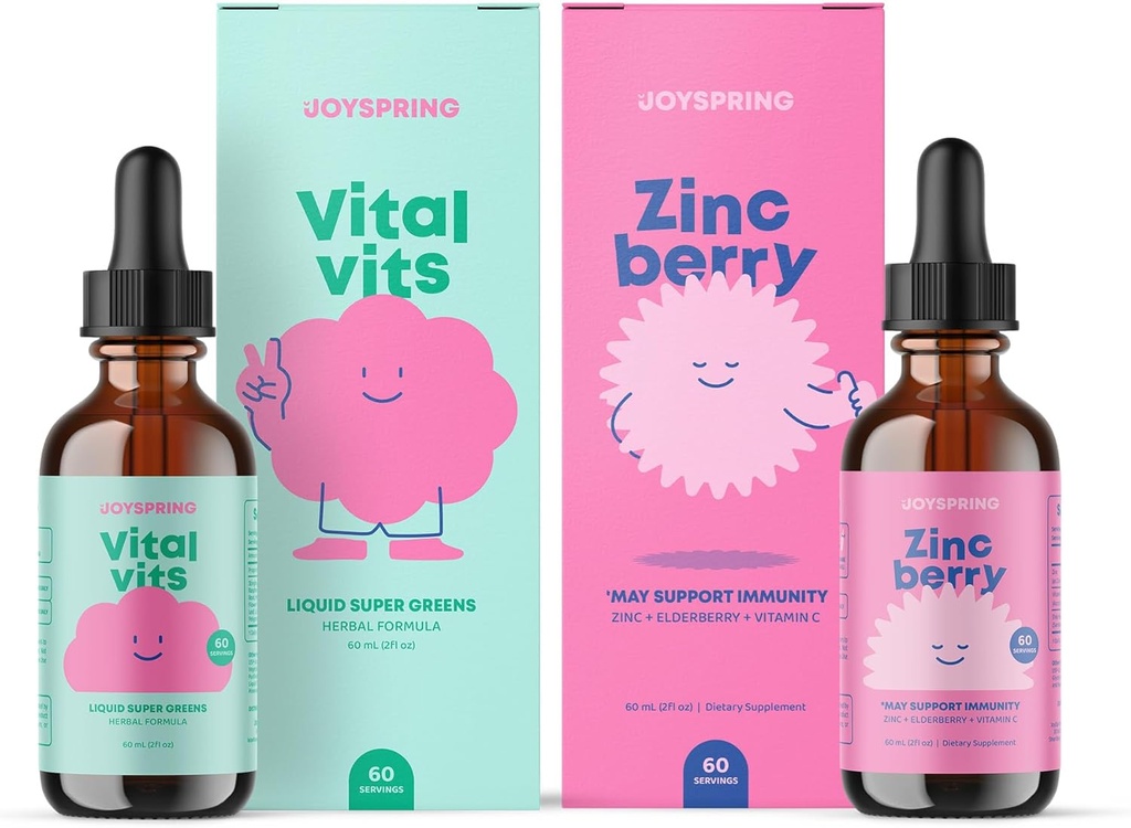 JoySpring Daily Multivitamin & ZincBerry Bundle ← Niños Vitaminas Fuente natural, Non-GMO, Fórmula Líquida no alcohólica, Apoyo a la Salud Inmunitaria ← Vegan &amp; Suplementos vegetarianos