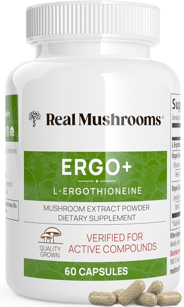 Mushrooms reales Suplemento de Ergothioneina – Salón de Ostras de Oro con Beta-Glucans – Extracto de L-Ergothienine Poweder – Orgánico, Vegan, No-GMO, No Filleres – 60 cápsulas Suplemento de Setas para Humanos
