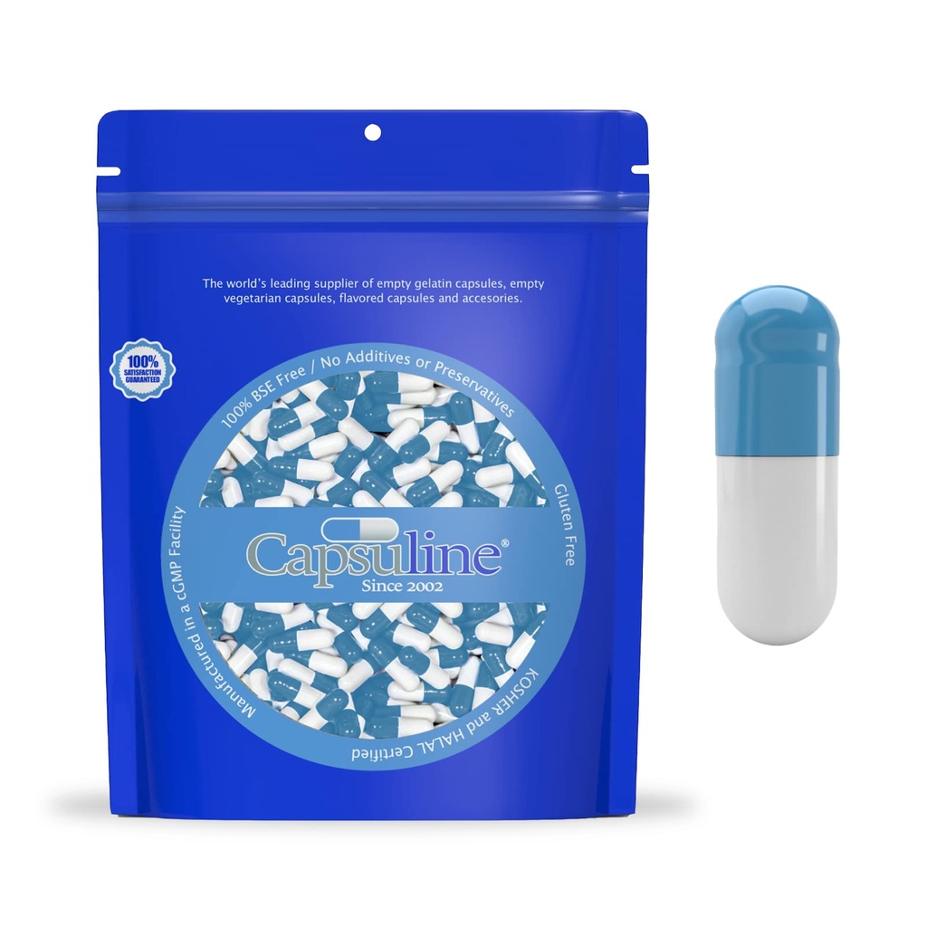 Capsuline Coloreado Talla 0 Empty Gelatin Capsules Azul/White 1000 Conde ← Halal Certified ←Gluten Free
