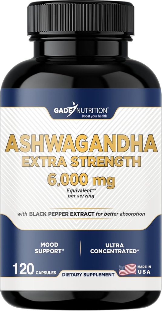 Gade Nutrition Ashwagandha Suplementos - Extra Strength, ashwagandha Powder Capsules with Black Pepper, Natural Mood, Focus, and Energy Support Supplement, 120 Veggie Capsules, USA Made
