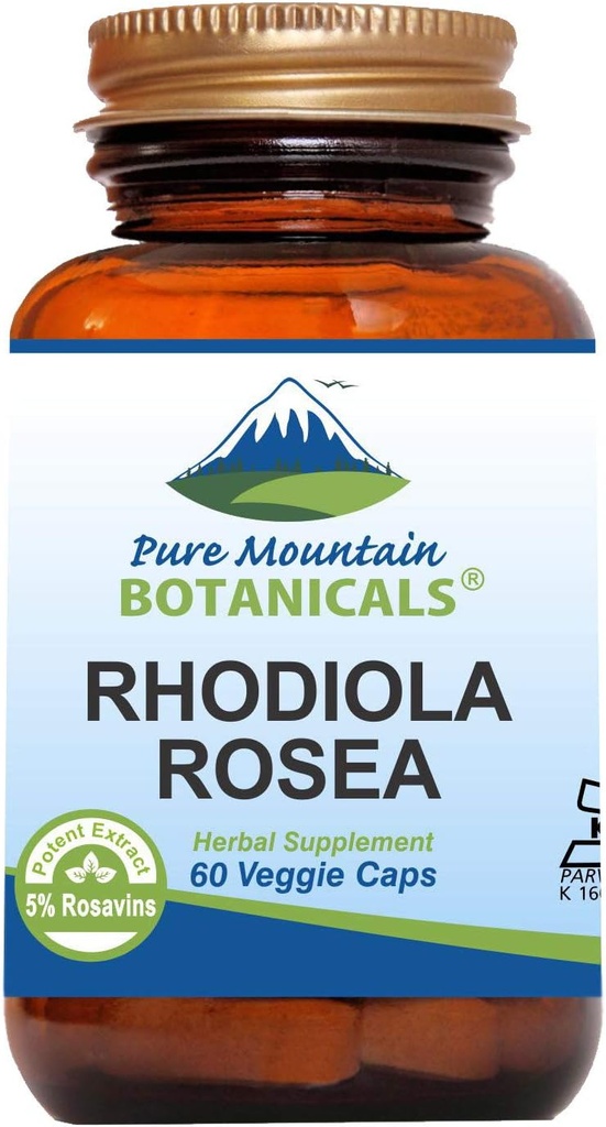 Pure Mountain Botanicals Rhodiola Rosea Suplemento - 60 Kosher Vegan Capsules con 250mg Rhodiola Root Extracto