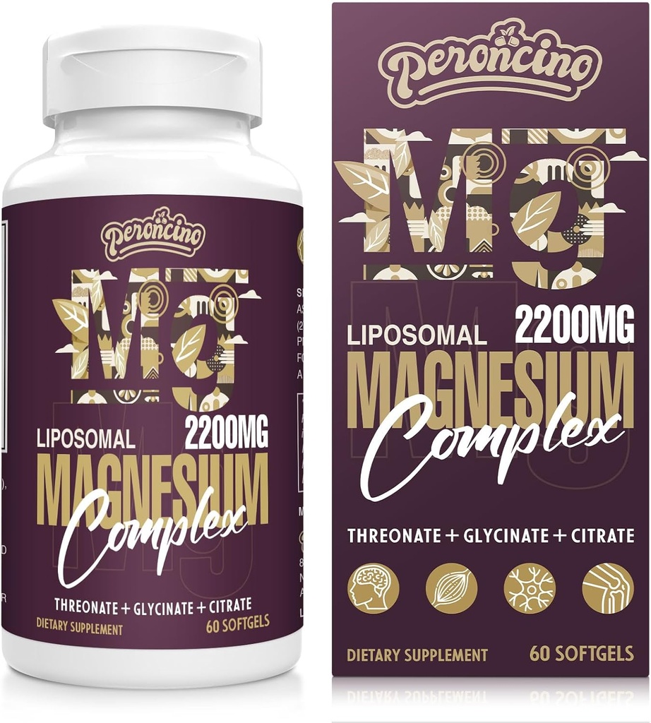Complejo de Magnesio Liposomal 2200MG Softgels, Threonato de Magnesio, Glycinate de Magnesio, Citrato de Magnesio, Suplemento de tres en uno, Gluten Free, 60 Softgels