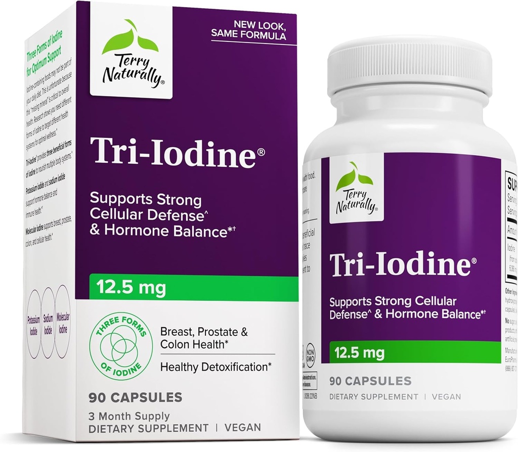 Terry Naturalmente Tri-Iodine - Asistencia para la salud tiroidea - Ayuda equilibrio hormonal con yodo molecular de Kelp - Características Iodide de potasio & Iodide de sodio - Cerebro & energía Soporte - 12,5 mg, 90 cápsulas