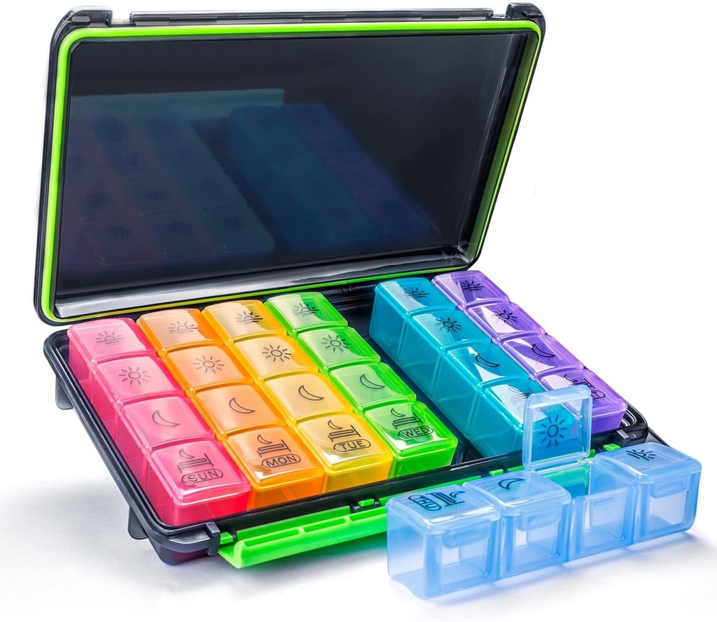 Organizador semanal de píldoras, caja de 7 días (4-Times-A-Day) Portable for Travel with Moisture-Proof Design Pill case to Pills/Vitamin/Fish Oil/Supplements