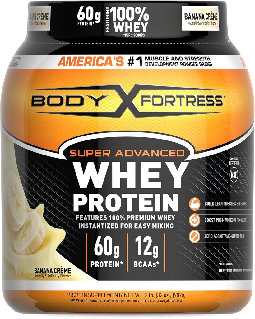 Fortaleza del cuerpo Super Advanced Whey Protein Powder, Banana Creme Flavored, Gluten Free, 2 Lb