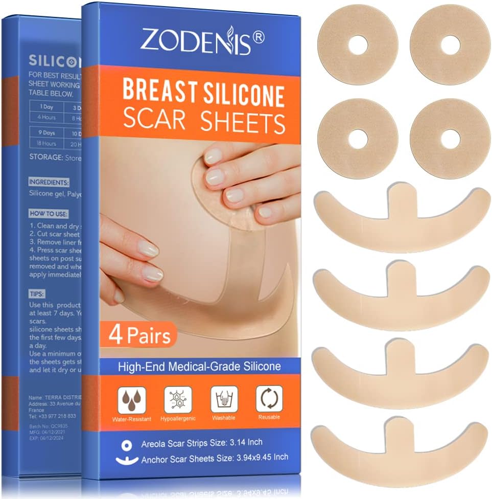 Silicone Scar Sheets for Breast - 8 Pack, Including 4 Areola Soft Strips & 4 Anchor Sheets