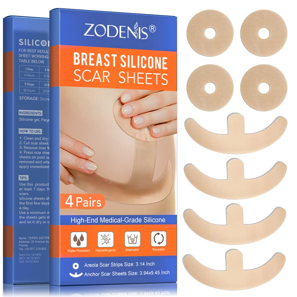 Silicone Scar Sheets for Breast - 8 Pack, Including 4 Areola Soft Strips & 4 Anchor Sheets