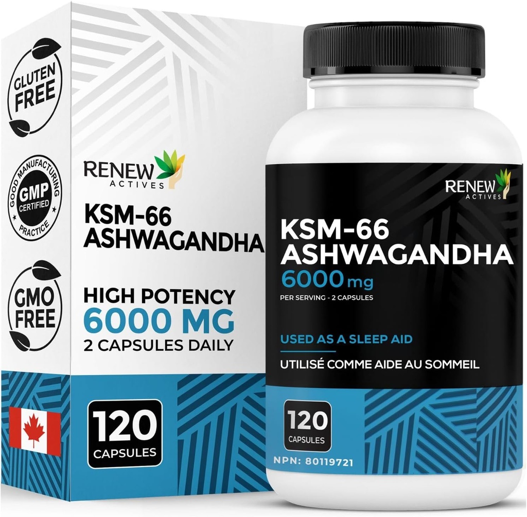 Renew Actives Ashwagandha KSM-66 Suplemento 500MG por Serving with Black Pepper for Superior Absorption - Focus &amp; Mood Support to Increase Energy & Sleep Aid - Made in Canada - 120 Capsules