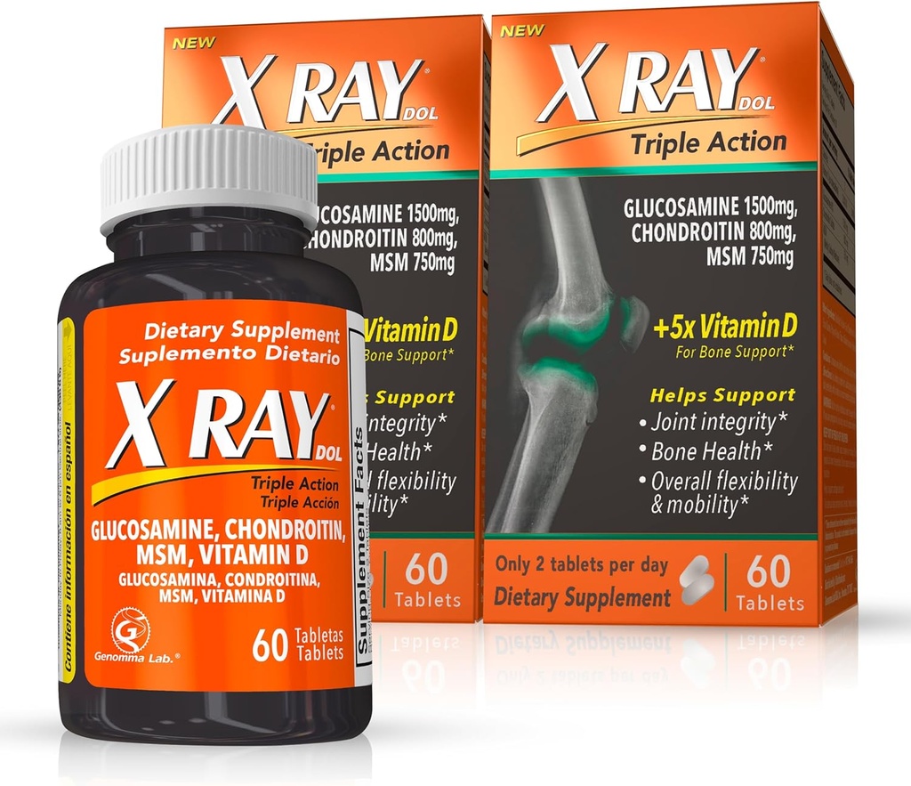 X Ray Dol Triple Acción Conjunto Apoyo Suplemento con Glucosamina 1500mg, Condroitina 800mg, MSM 750mg y 5X Vitamina D para Juntas Saludables, Bones & Cartilage - 60 Cuenta por Botella - 2 Pack