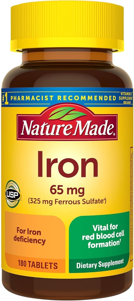 Nature Made Iron 65 mg (325 mg Sulfato ferroso) Tabletas, Suplemento dietético para el apoyo a las células rojas de sangre, 180 Tabletas, 180 Day Supply