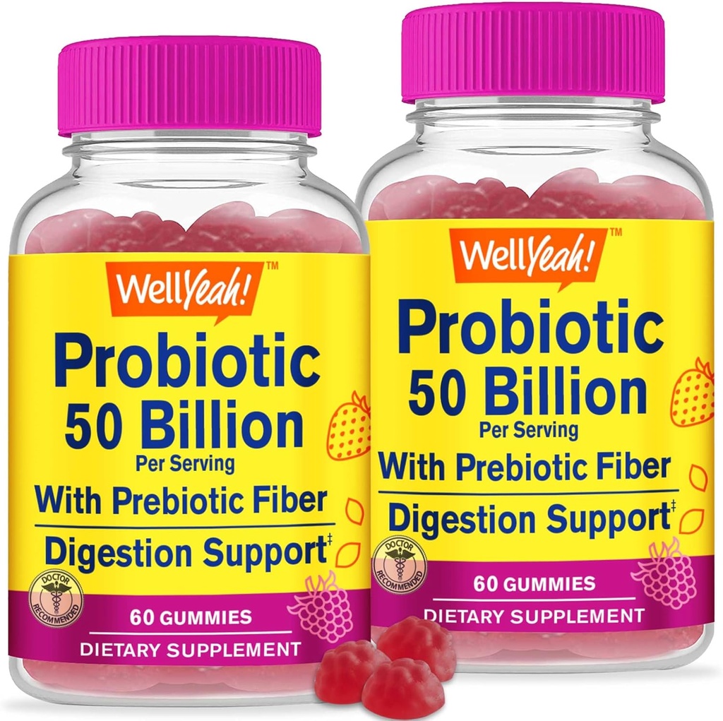WellSí (2 Pack 50 Billion Probióticos + Prebióticos para Hombres y Mujeres Gummies - Apoyo Digestivo, Gut Health, Immune Support Gummy - Probióticos para la Salud Digestiva con 12 Strains - 60 Gummies