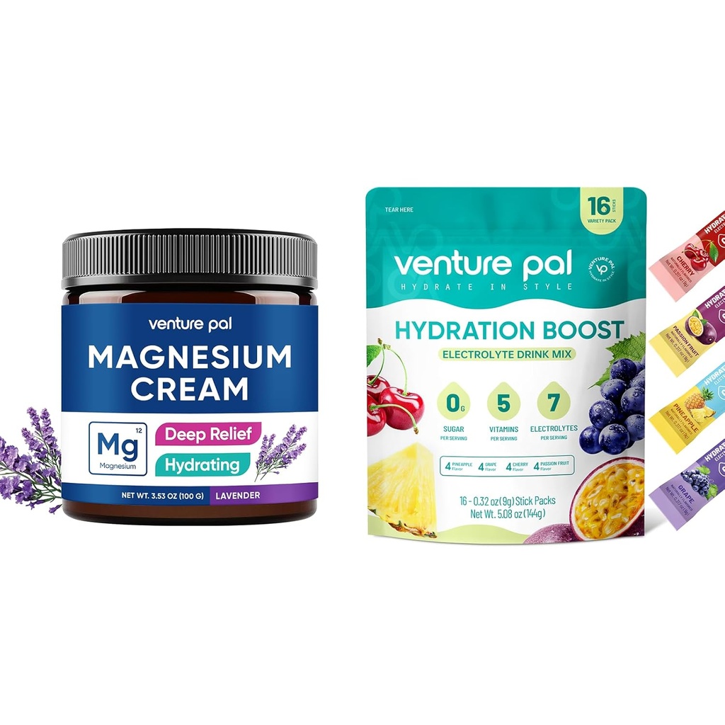 Venture Pal Moisturizing Magnesium Lotion & Sugar Free Electrolyte Powder Packets(16 Sticks)