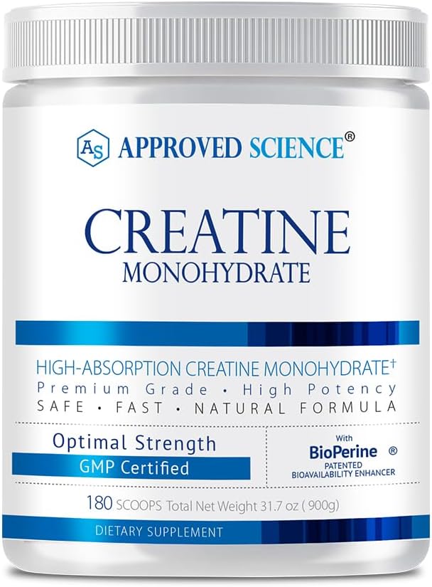Polvo de Monohidrato de Creatina aprobado con BioPerine - Apoyos Crecimiento y Recuperación del Musculo Leano - 180 Serviciones - 5g Por Servir - Desarrollado - No GMO, Vegan