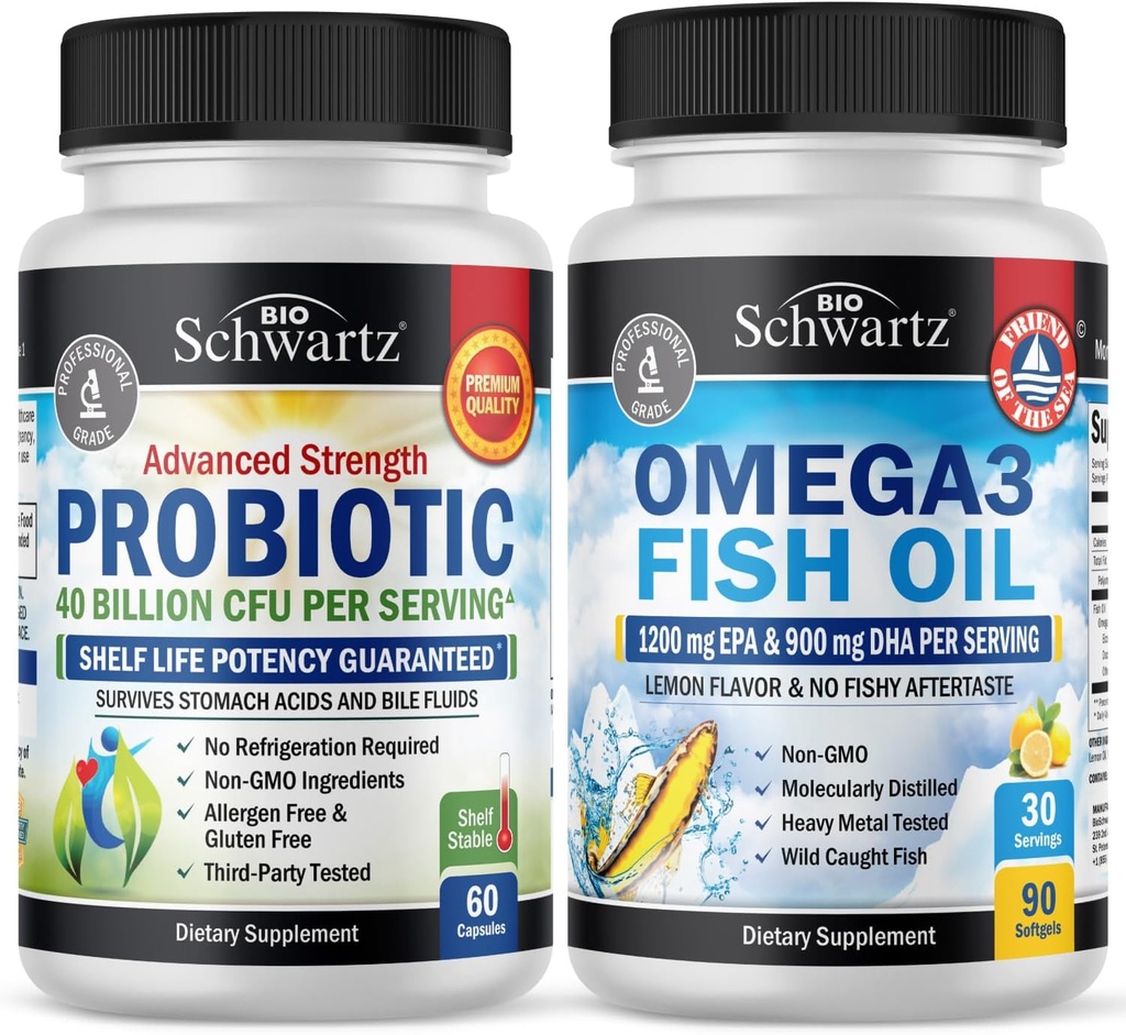 Triple fuerza Omega 3 aceite de pescado Softgels (1 mes de suministro) más 40 millones de dólares de suplemento probiótico diario CFU (1 mes de suministro)
