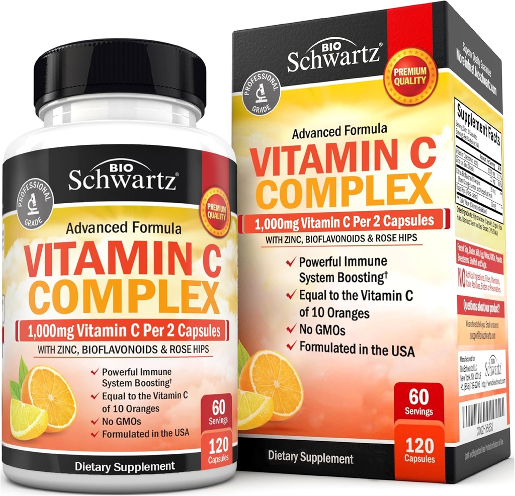 BioSchwartz Suplemento Complejo de Vitamina C - Vitamina C 1000mg Capsules con Rosa HIPS Zinc y Citrus Bioflavonoides para Salud Inmune, Energía Celular, Producción de Collagen, 120 Conde (60 Day Supply)