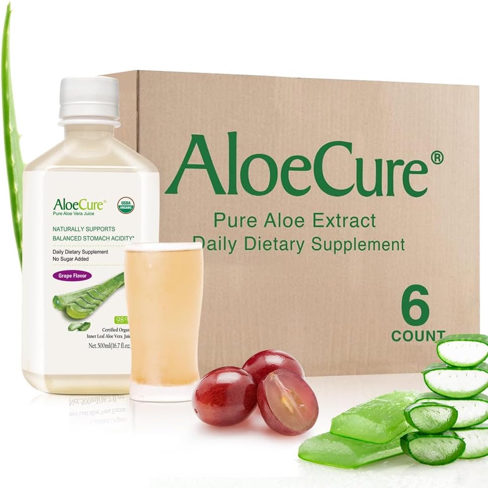 AloeCure USDA Organic Aloe Vera Juice Grape Flavor, Made Within 12 Hours of Harvest - Pure Aloe Vera Digestive & Immune Health Supplement, Helps Maintain Balanced Stomach Acidity, 16.7oz x 6 Btls