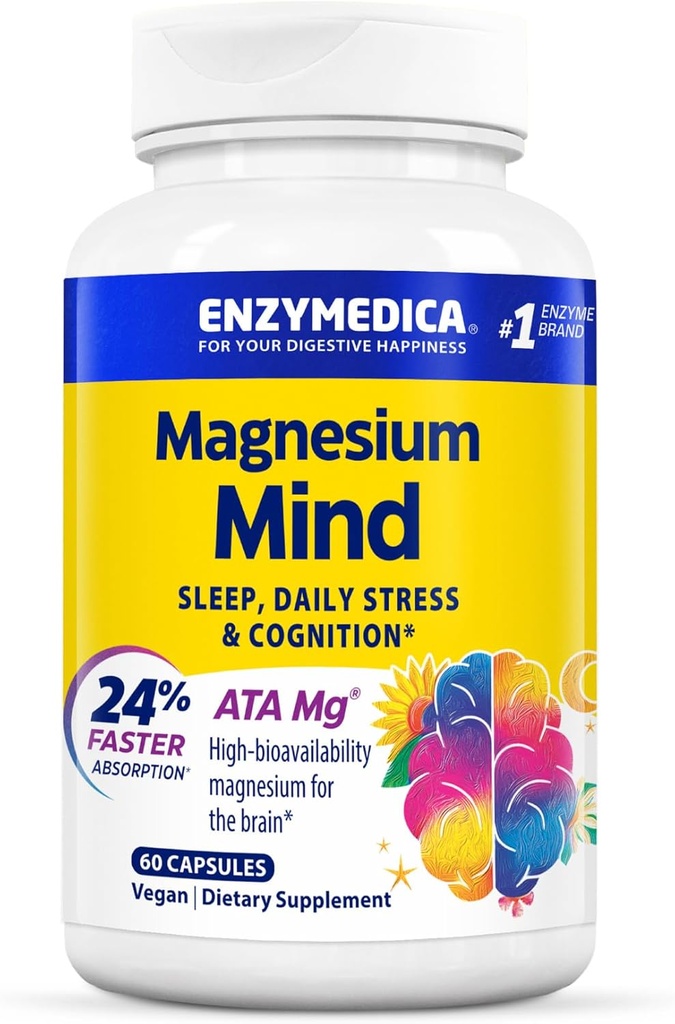 Enzymedica, Mente de Magnesio con Mg ATA, 24% Absorción más rápida, Magnesio de Alta Biodisponibilidad para el sueño, estrés " Cognición, 60 Conde