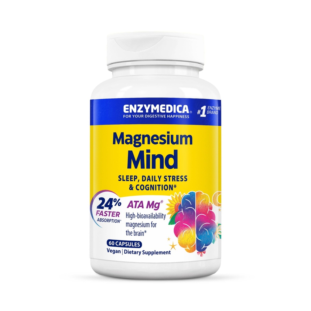 Enzymedica, Mente de Magnesio con Mg ATA, 24% Absorción más rápida, Magnesio de Alta Biodisponibilidad para el sueño, estrés " Cognición, 60 Conde