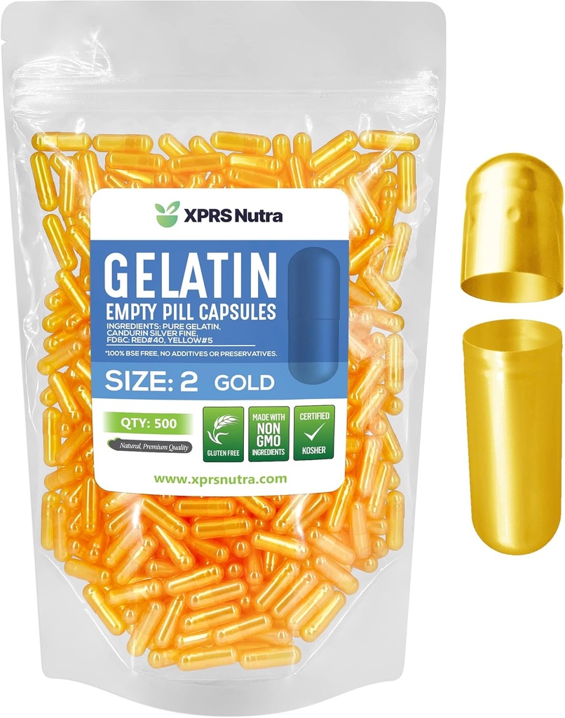 XPRS Nutra Size 2 Empty Capsules - 500 Count Empty Gelatin Capsules - Pills DIY Capsule Filling - Pure Bovine Pill Gel Caps for Do-It-youself Supplements (Gold)