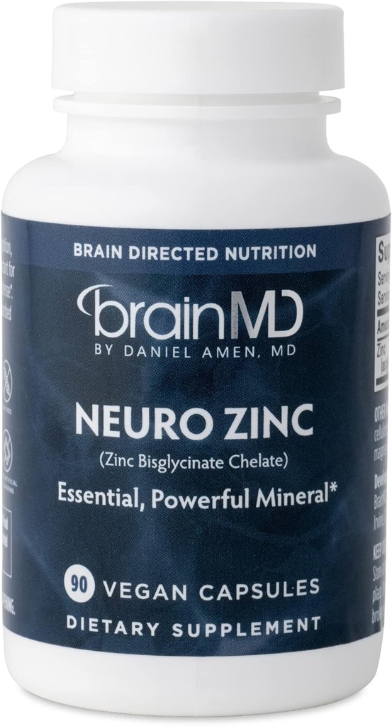 BRAINMD Dr Amen Neuro Zinc - 90 Capsules - 25 mg Zinc Bisglycinate Chelate - Gluten Gratis - 90 Servings