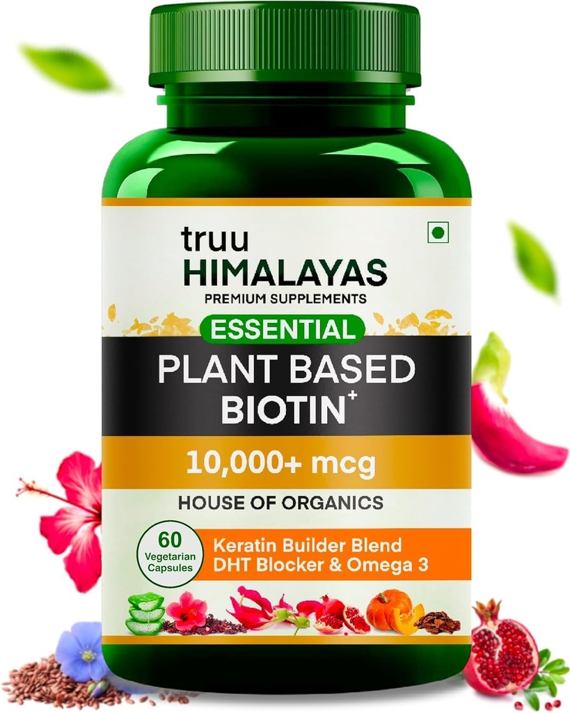 Biotina basada en plantas 10000mcg para el crecimiento del cabello con DHT Blocker, Keratin &amp; Omega 3 Suplemento Vitales para Hombres &amp; Mujeres - Nutrientes ayurvédicos para la caída del cabello, piel & uñas salud - 60 cápsulas