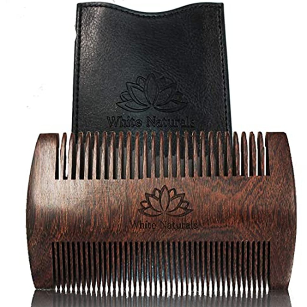 Barba de barba blanca para hombres, madera de sandalia natural de madera, dientes de doble acción fino, madera de sandalia premium hecha a mano, perfecto para los bálsmos y aceites, Incluye caja de cuero de PU, tamaño de bolsillo