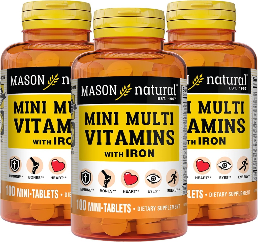 Múltiples vitaminas naturales con hierro, vitaminas A, C, D, E, B1, B2, B3, B6, B12, Folato y Calcio para la salud general, 100 tabletas (Pack of 3)
