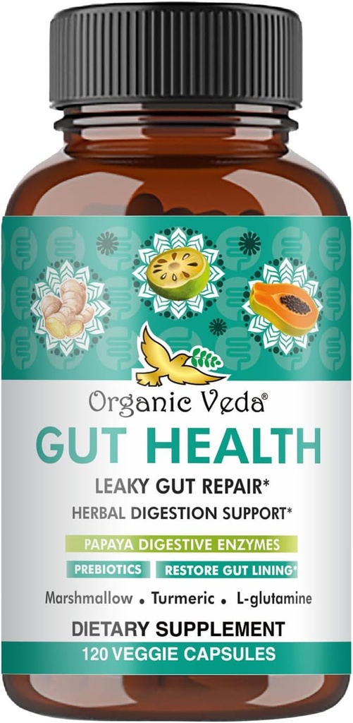 Orgánica Veda Marshmallow Turmeric Gut Supplement - Digestion Health, Leaky Gut Repair & Cleanse Support - Papaya Digestive Enzymes, Prebiotics, L-Glutamine, Green Banana, Psyllium Husk - 120 Capsule