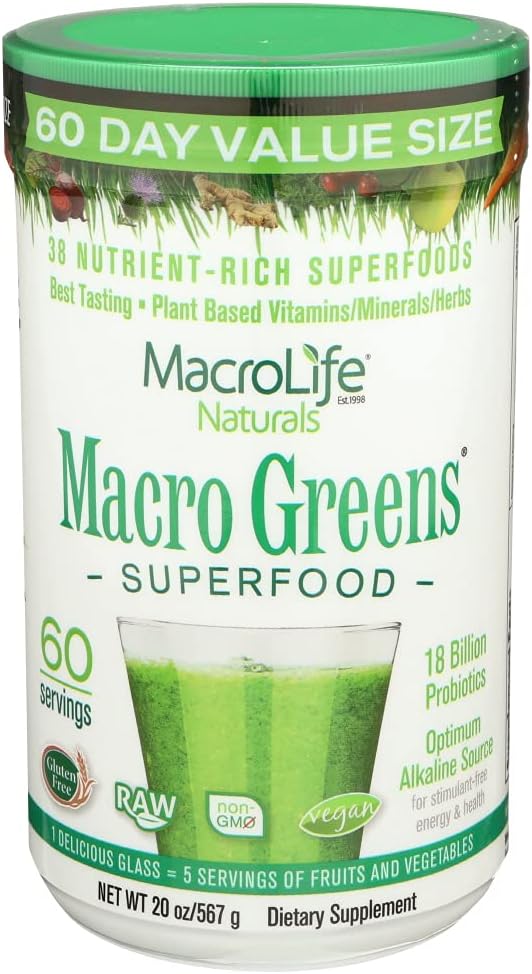 MacroLife Naturals Macro Greens Powder 38 Superfood Probiotic Antioxidant Enzyme & Herbal Suplemento Inmunity Energy Cleanse - Non-GMO Vegan Gluten-Free Dairy-Free - 60 Servings
