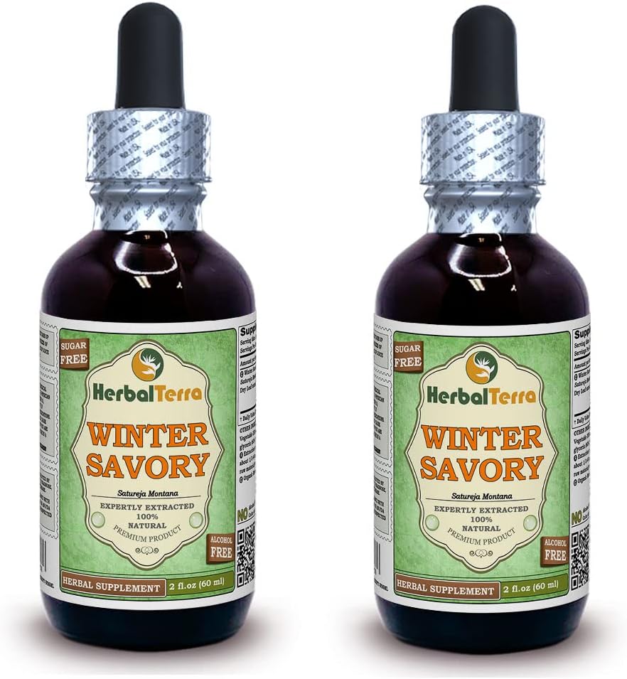 Savory de Invierno (Satureja Montana) Glycerite, Hojas orgánicas secas Alcohol-FREE Liquid Extract (Nombre de la marca: HerbalTerra, Proudly made in USA) 2x2 fl.oz (2x60 ml)
