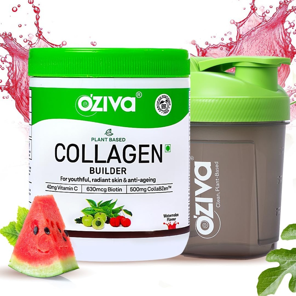OZiva Vegan Collagen (Watermelon) with Biotin & Vitamin C For Brighter & Youthful Skin | Collagen Supplement For Women & Men | Plant Based Powder | Certified Vegan 125g + Shaker