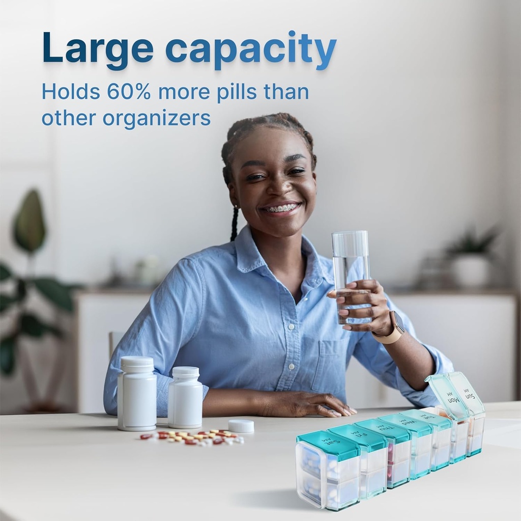 Extra Large Pill Organizer 2 veces al día – XL Pill Box 7 Día con grandes compartamentos AM/PM – Fita grandes vitaminas, suplementos y gomas, para uso de 7 o 14 días, coloreado, de alta definición, sin especias
