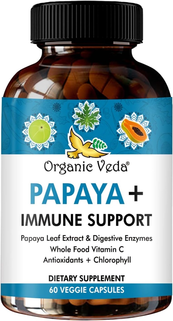 Orgánica Veda Papaya Leaf Plus Suplemento - Plaqueta de sangre Super Extracto Immune cápsulas con Papaya enzimas digestivas, clorofila, extracto de semilla de uva, vitamina C - médula ósea " Gut Health - 60 ct