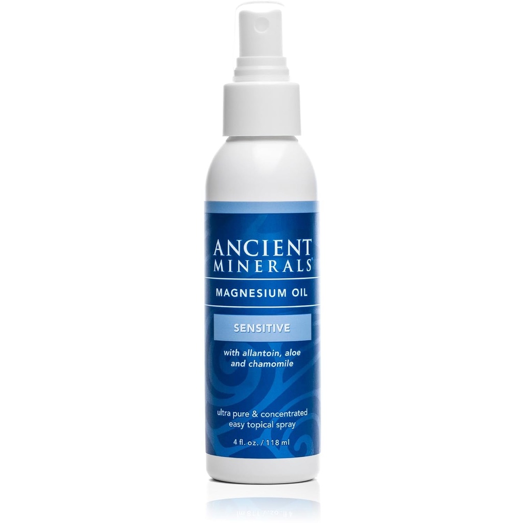 Minerales antiguos Pulverizador de aceite de magnesio Fórmula Sensiva y Sensible con Allantoin, Manzanilla Orgánica y Aloe Vera Orgánica (4oz)