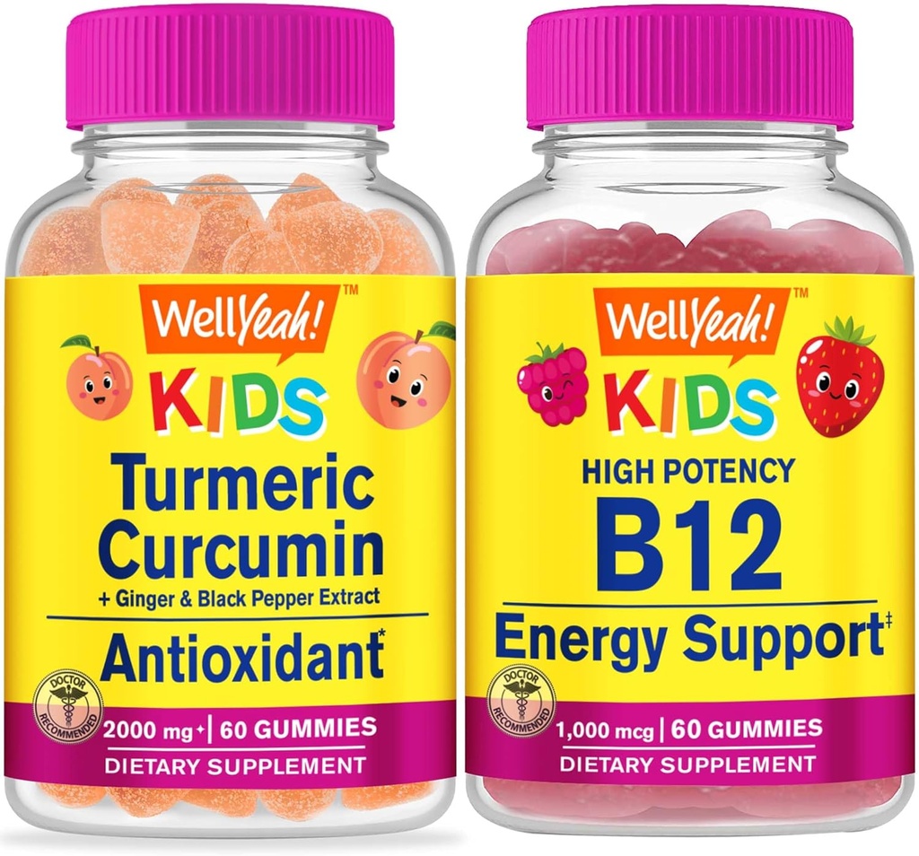 WellSí Turmeric Curcumin Kids + Vitamina B12 Kids, Gummies Bundle - Gran Tasting, Suplemento de vitamina, Gluten Gratis, GMO Gratis, Chewable Gummy