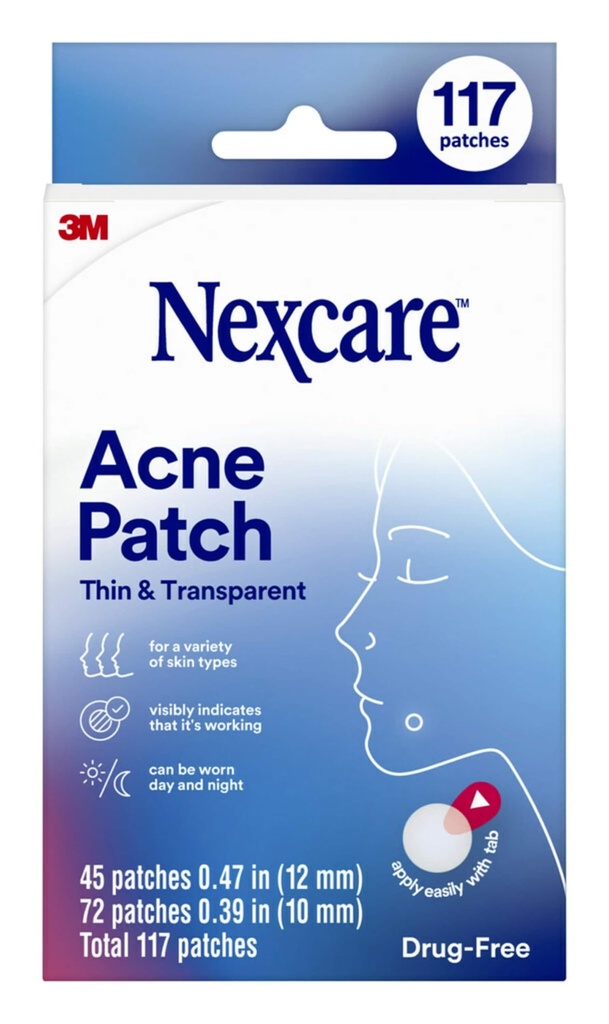 Nexcare Thin and Transparent Acne Patch, Skin Cover Absorbs Pus and Oil from Clogged Pores, Made with hydrocolloid, tab Allows for Easy Removal from Liner - 117 Pimple Patches