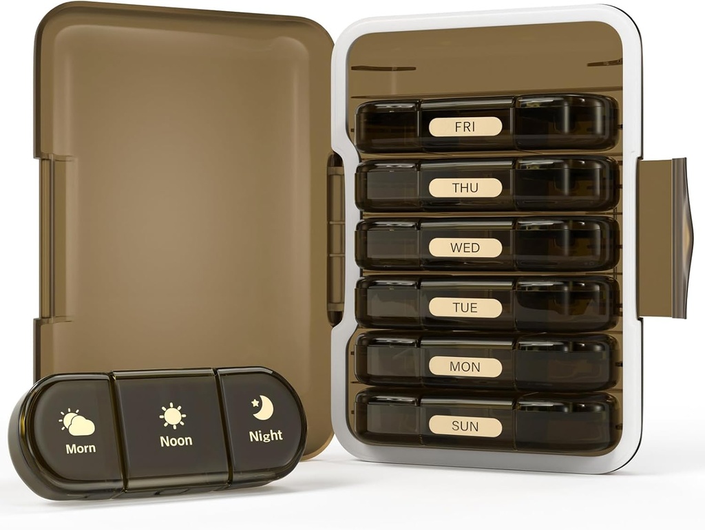 Organizador semanal de píldoras 3X al día, 7 Day Pill Box 3 veces, Portable for Travel Pills/Vitamin/Fish Oil/Medication/Supplements (3x7 Brown)