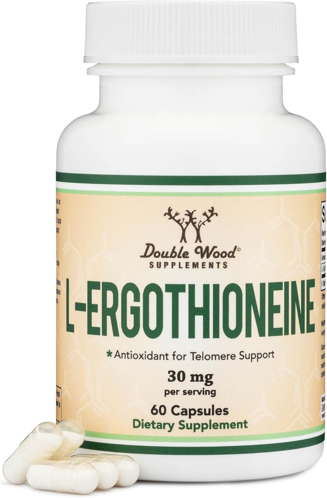 Suplemento de Ergothioneina (EGT) 30 mg de L-Ergotioneina pura, de base vegetal por cápsula, 60 Conde (May Support Longevity and Healthy Aging) No GMO, Gluten Free, Vegan Safe by Double Wood