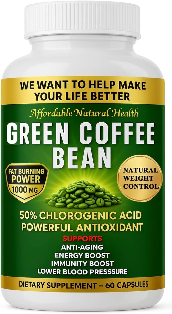 El extracto de grano de café verde de la puerta del cielo, 100% cápsulas de grano verde puro, 50% ácido clorogénico, 10.000 mg, 60 cápsulas, 2 mes de suministro, no transgénico y sin gluten, suplemento herbal tradicional