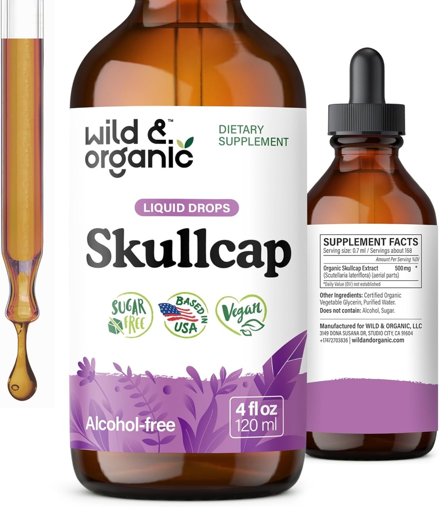 Wild &amp; Organic Skullcap Herb Tincture - Suplemento Skullcap para el soporte de mood - Relajando gotas de extracto líquido - Vegan, Azúcar &amp; Sin alcohol - 4 fl oz