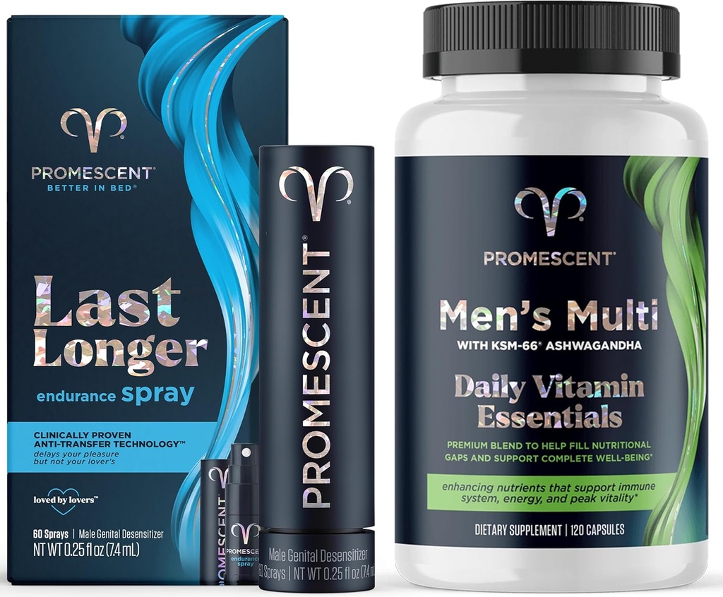 Promescent Desensitizing Delay Spray for Men Clinically Proveed to Help You Last Longer in Bed + Multivitamin for Men, Vitamina B12, Vitamina C, Vitamina D3, KSM-66 Ashwagandha, Quality Mens Multivitamins