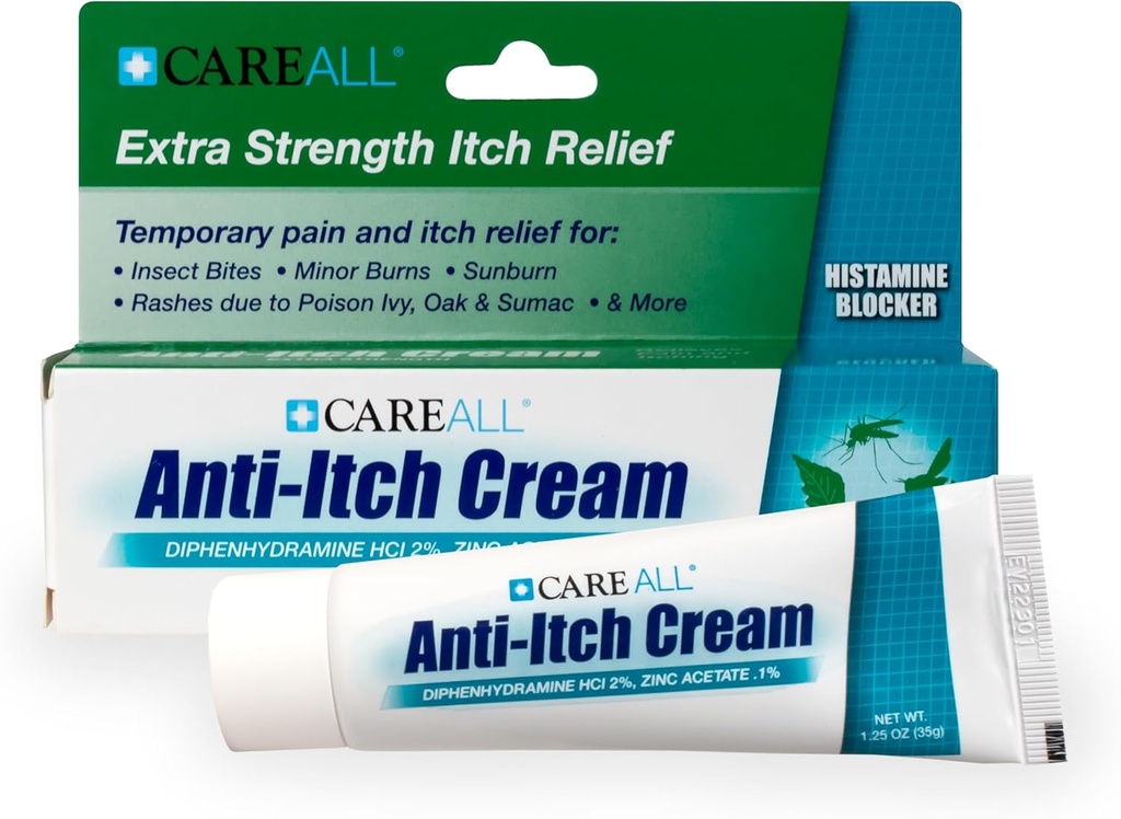 CareAll Anti-Itch Cream 1.25oz Histamine Blocking, Diphenhydramine HCI 2% a Topical Analgesic & Zinc Acetate 0,1% a Skin Protectant Proveer Pain Temporal e Itch Relief from Common Outdoor Itches