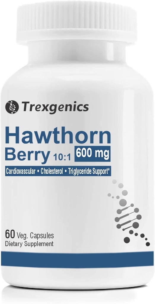 Trexgenics Hawthorn Berry 600 mg Cardiovascular, Colesterol, triglicéridos, Blood Pressure Support Vegan " Non-GMO (60 Veg. Capsules) (Pack of 1)