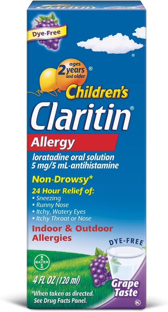 Solución Oral de 2 horas de Claritina para niños sin hambre 5 mg/ 5 ml, Grape 4 Fl Oz