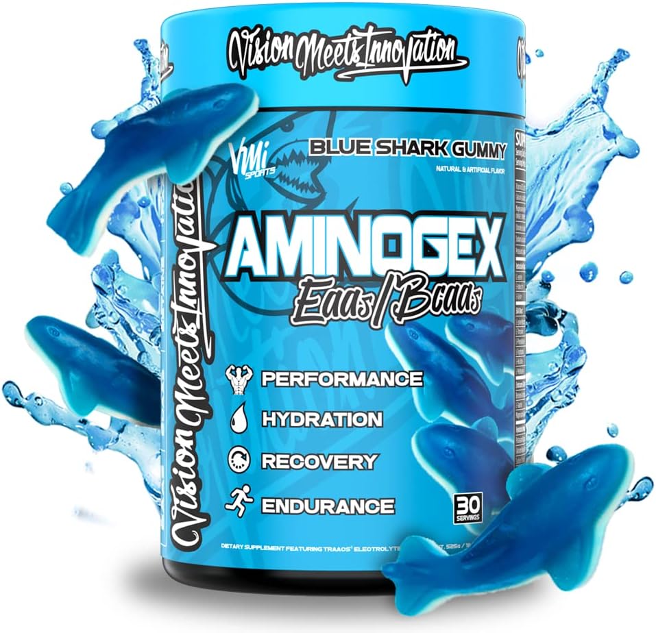 VMI Sports Aminogex Ultra | EAA + BCAA Powder | Amino Acid + Hydration Recovery Drink with Electrolytes, Betaine and Glutamine | (30 Servings) (Blue Shark Gummy)