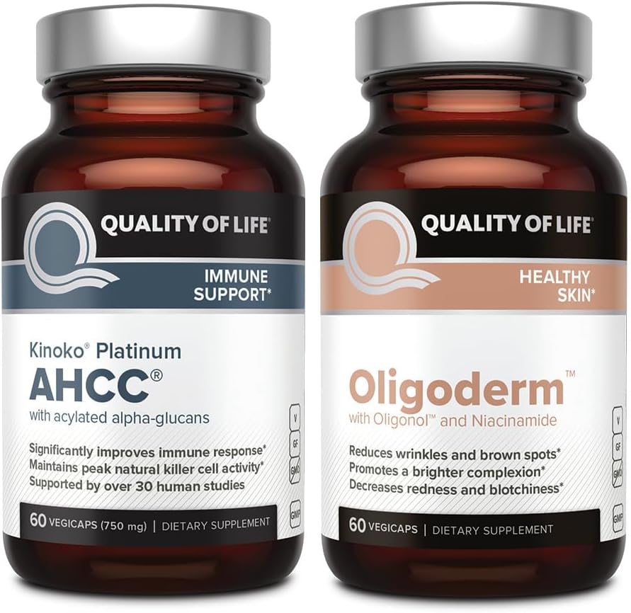 Calidad de vida con Kinoko Platinum AHCC Mushroom Extract y Oligoderm con Oligonol Lychee Extract - Immune Soporte Skin Health Bundle