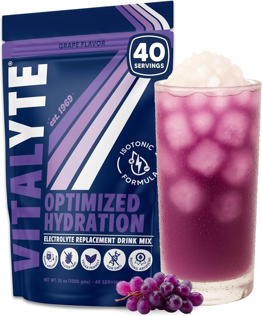 Vitalyte Electrolyte Powder Drink Mix, Isotonic Electrolyte Hydration Mix, Gluten Free Post Workout Powder Mix, Pack de 1, 35 oz., Grape Flavor